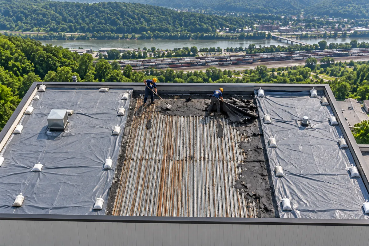Crew tearing off an old flat roof down to the deck