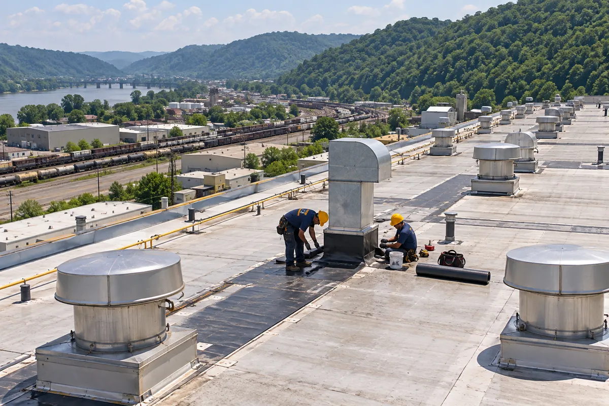 Aerial view of roofers on a large industrial plant roof