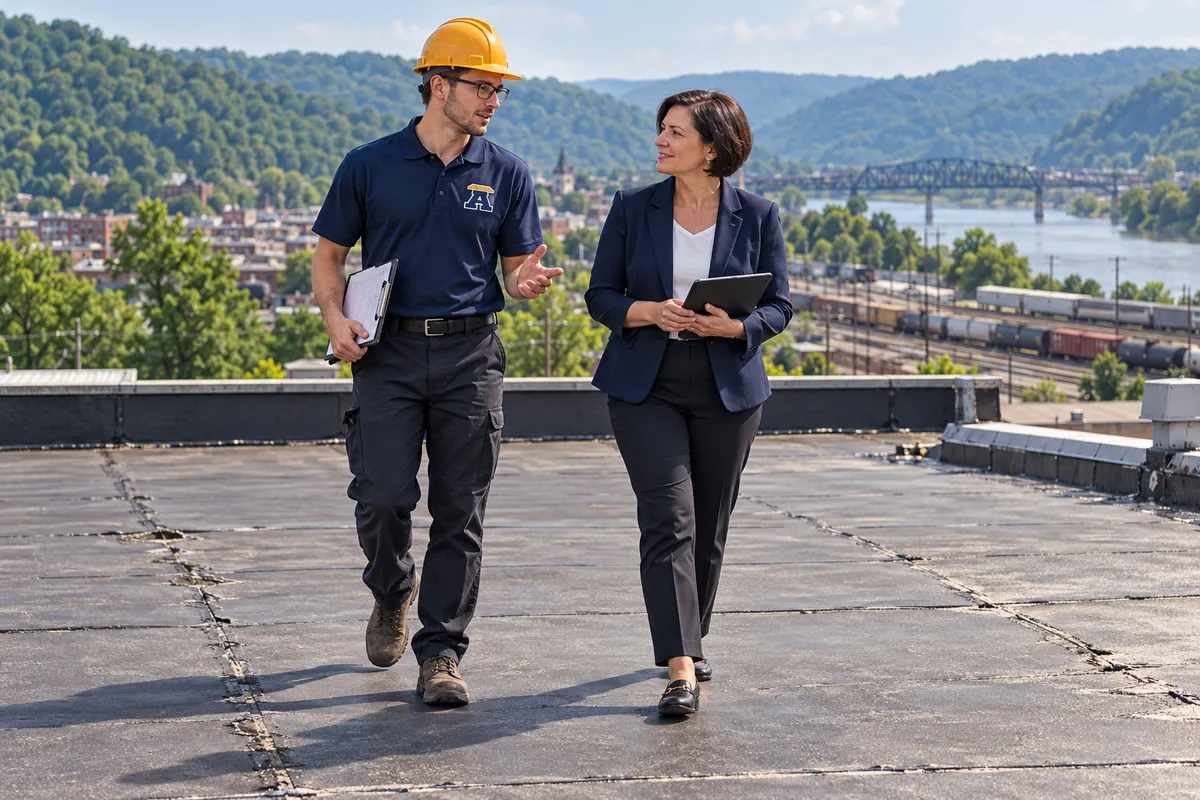 Roofer walking a low-slope commercial roof during an inspection