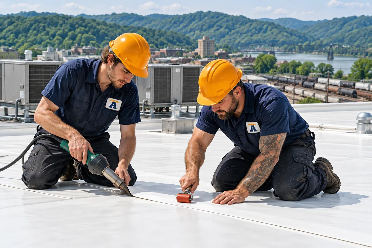 Roofers working on a white TPO membrane roof on a commercial building